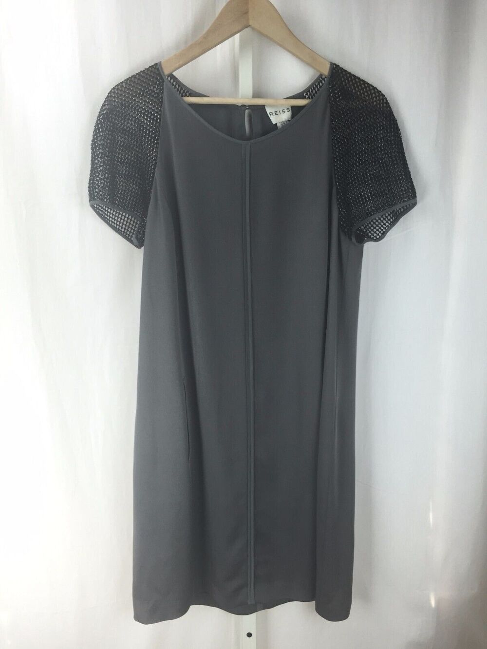 REISS Gray w/ Black Mesh Sleeves Pockets Scoop Neck Dress Sz 8